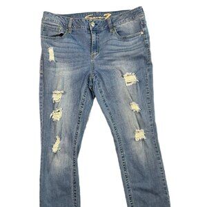 Seven7 Slim Straight Blue Light Wash Five Pocket Distressed Raw Hem Skinny Jean